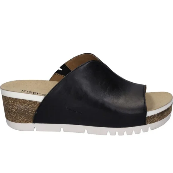 Josef Seibel Black Leather Slide Mule with Cork Wedge and White Outsole - Picture 2 of 12